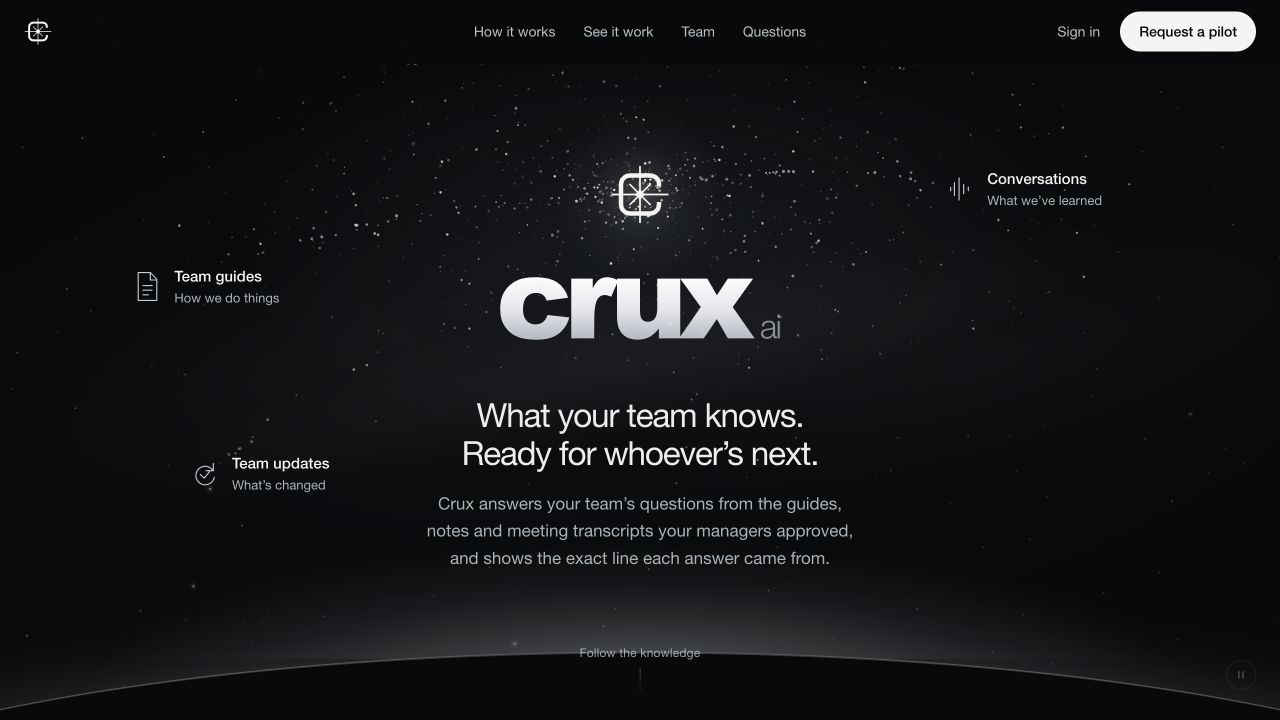 Crux AI website with its team knowledge platform introduction
